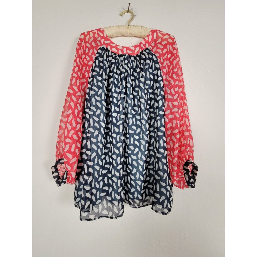 Boden Top Women US 14 Navy Coral Chiffon Sylvie Blouse 3/4 Balloon Sleeve Casual